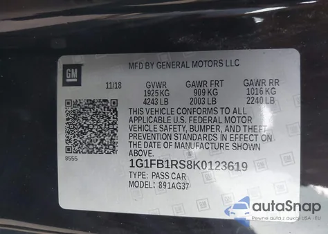 2019 Chevrolet Camaro 1Lt z USA, uszkodzony, nr VIN 1G1FB1RS8K0123619